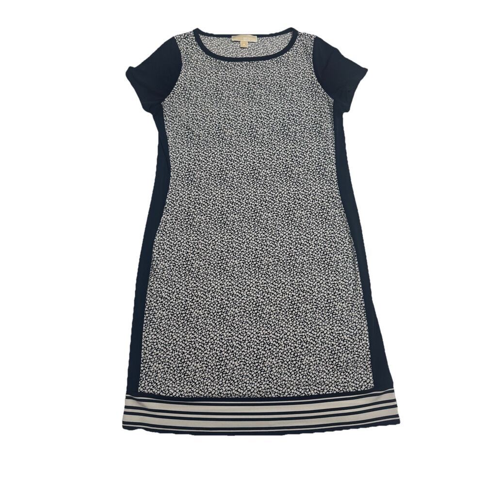 Michael Kors Dress Womens M Navy White Floral Shift Stretch Short Sleeve